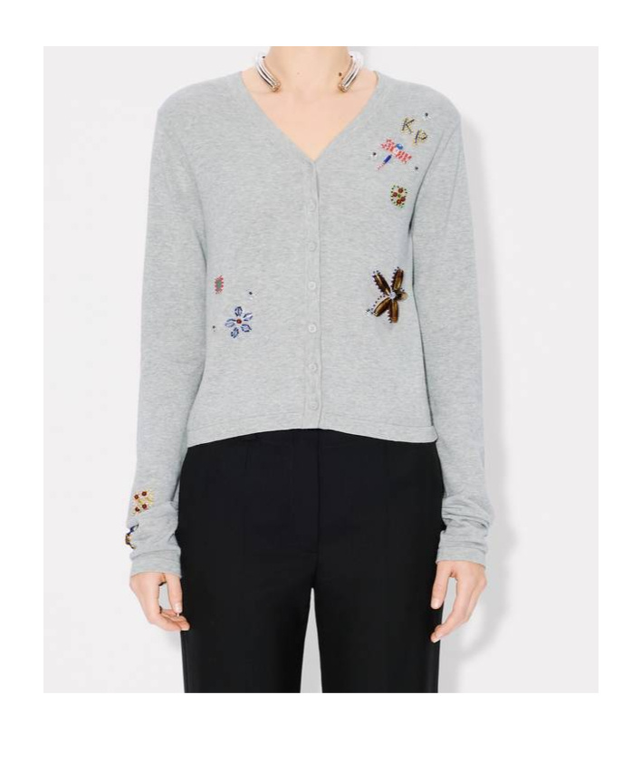Kenzo Long-sleeved Embroidered Cardigan In Gray