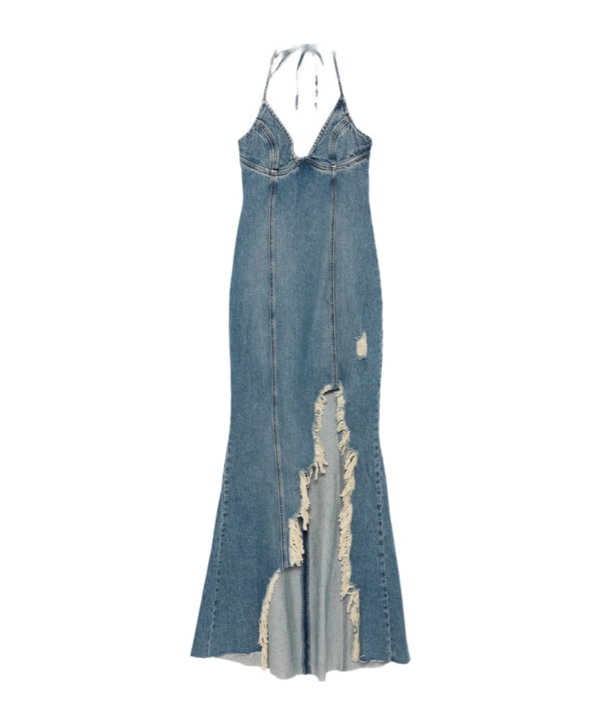 Blumarine Halter-neck Frayed-hem Denim Dress In Blue