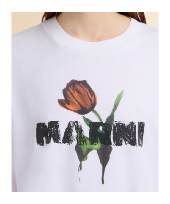 Marni White Crewneck T-shirt With Logo Lettering And Logo Print On The Front