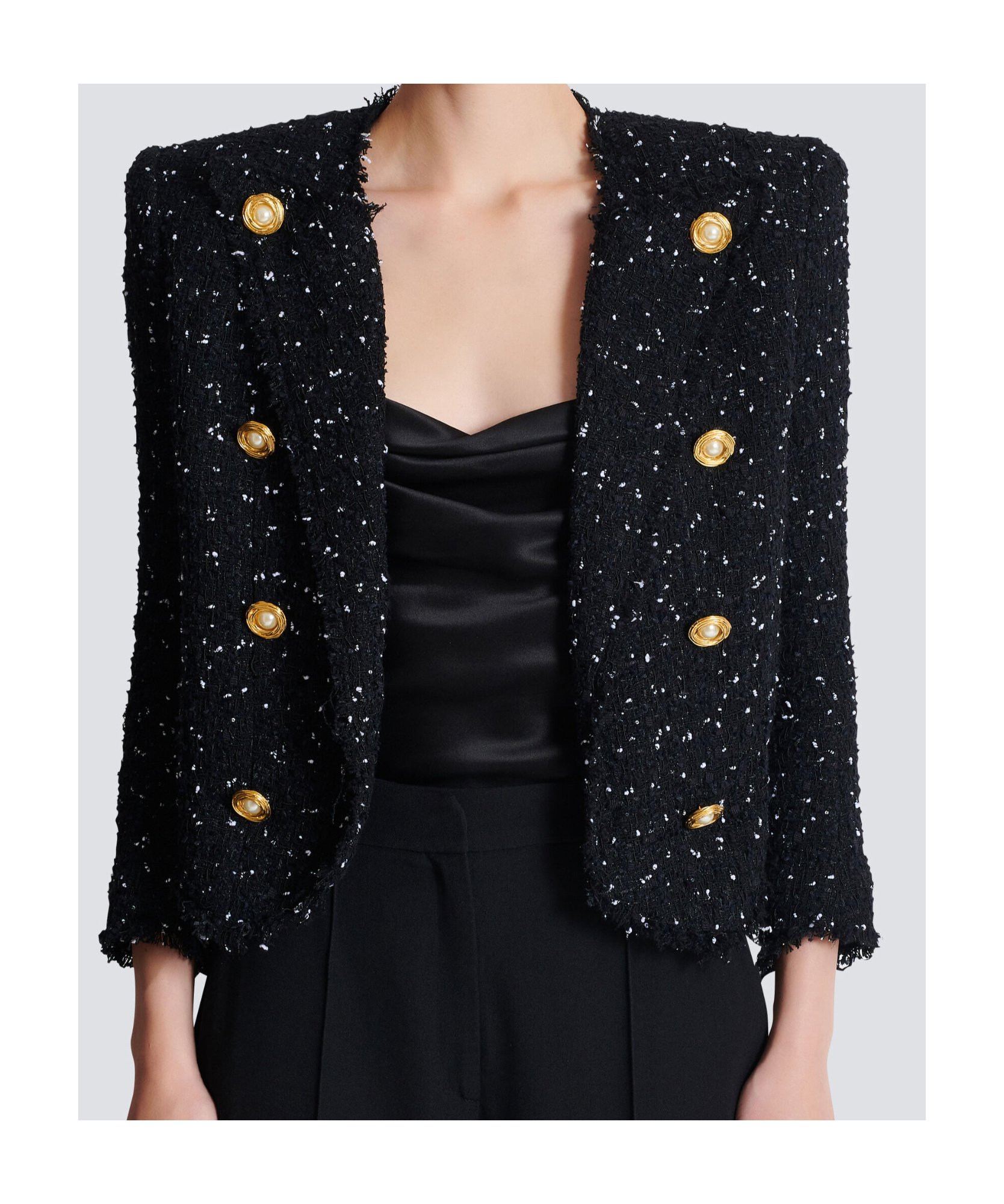 Shop Balmain Cropped 8-button Jacket In Polka-dot Tweed In Black
