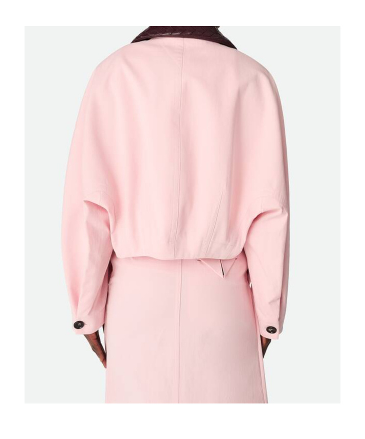Bottega Veneta Womens Intrecciato-collar Irregular Twill Cropped Cotton Jacket Camelia In Pink