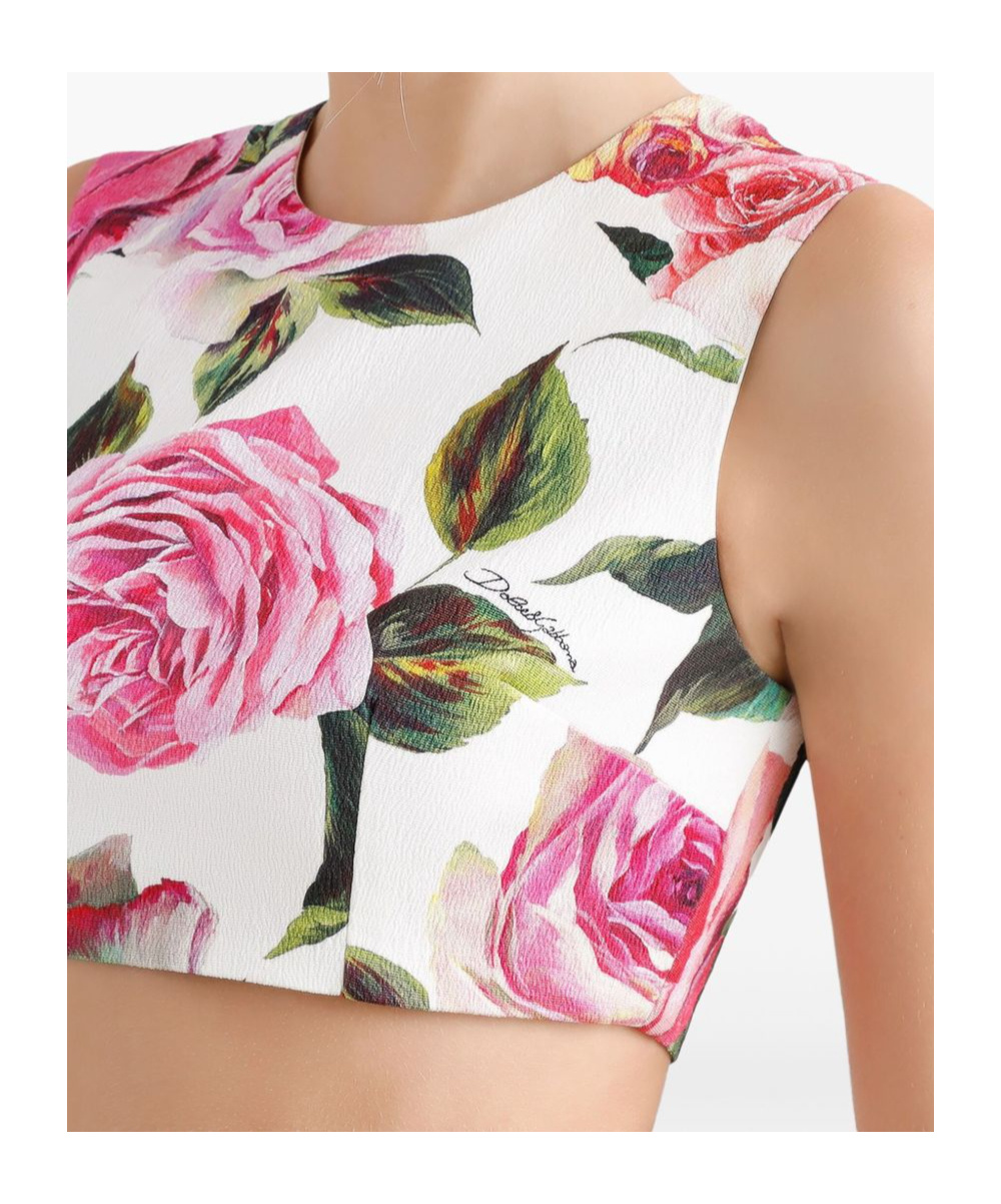 Dolce & Gabbana Jacquard Crop Top With Rose Print In White