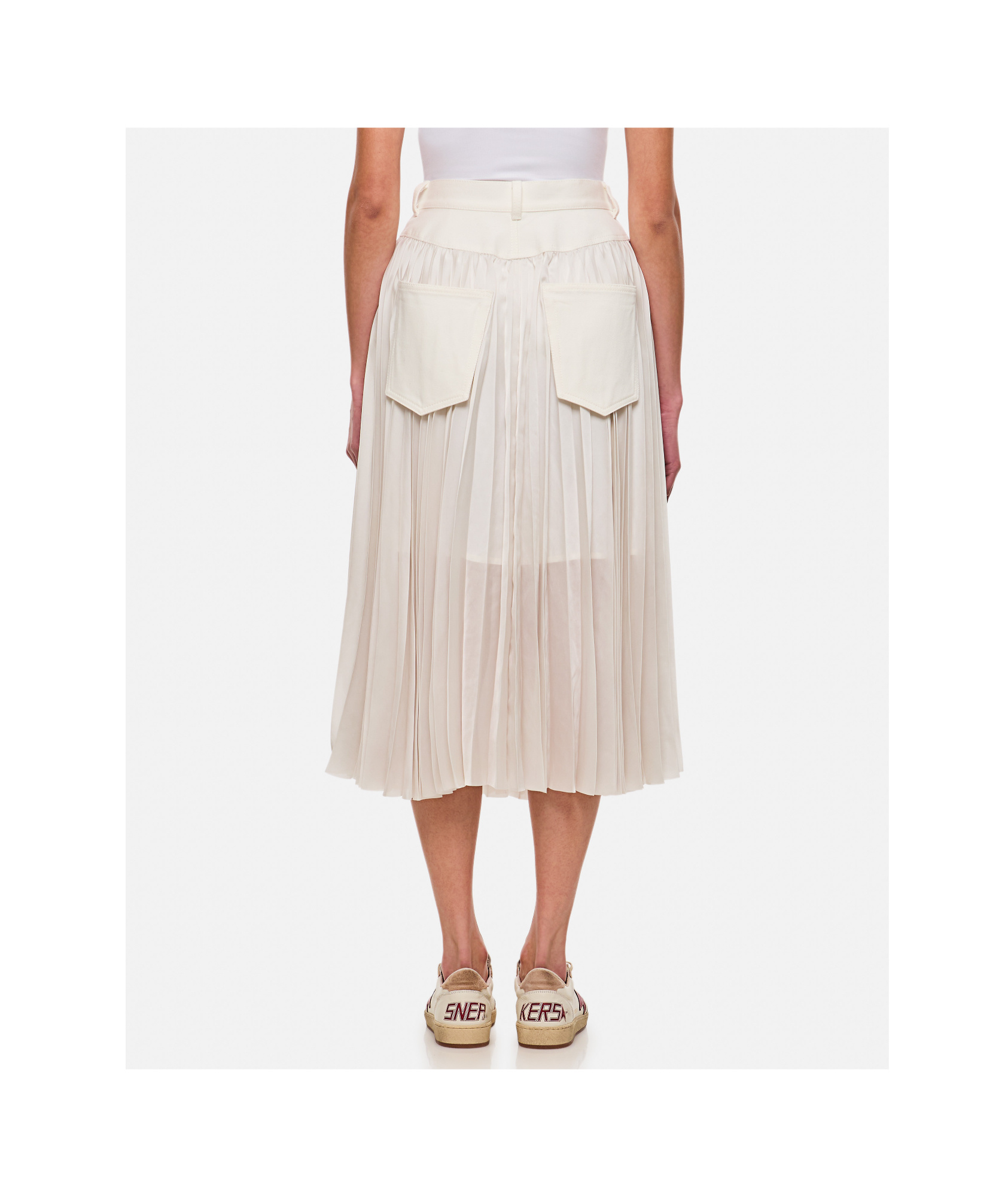 Sacai Belted Denim-trimmed Pleated Satin Midi Wrap Skirt In Nude