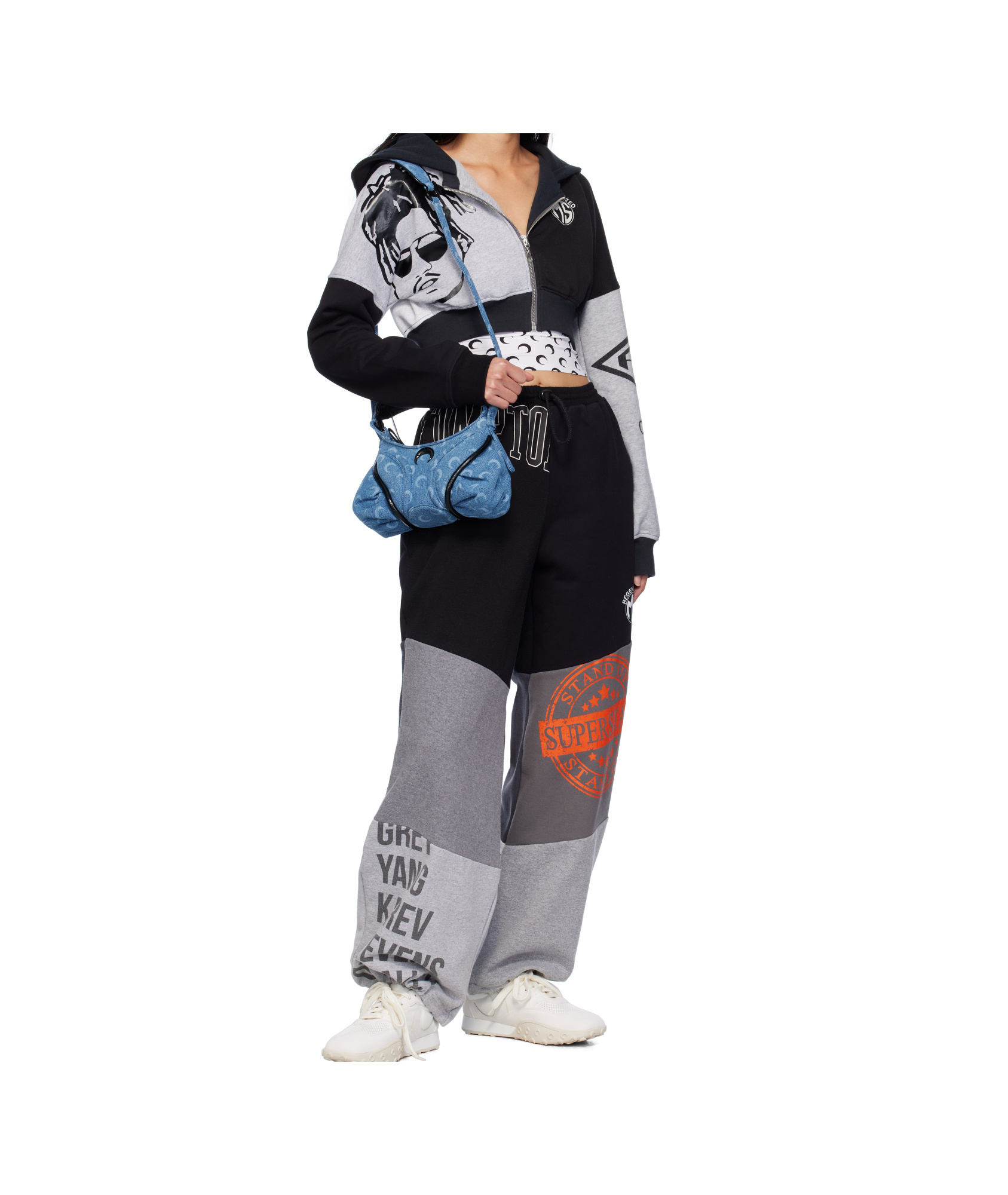 Marine Serre Black & Gray Upcycled Graphic Cropped Zipped Hoodie In Black