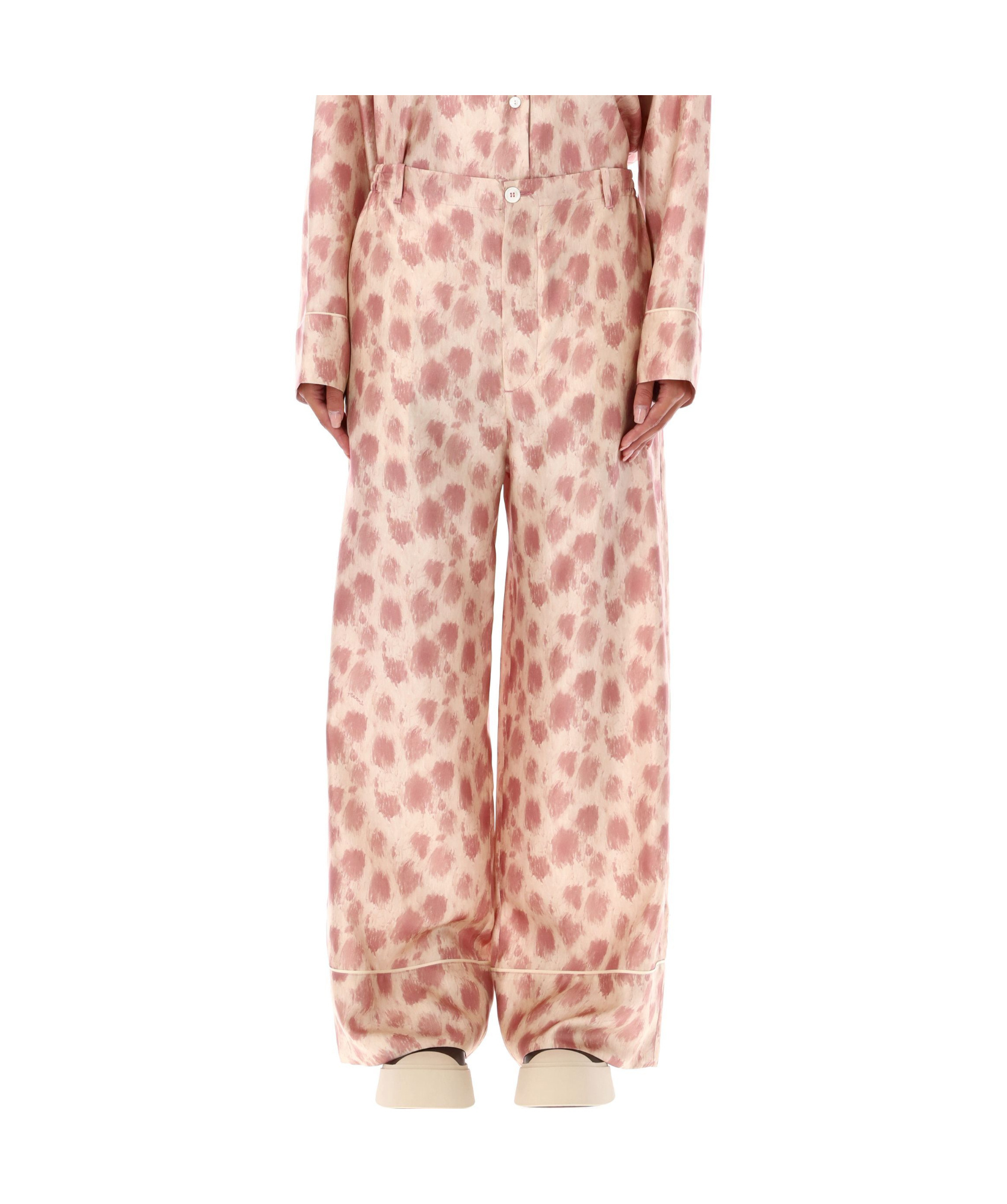 Marni Dusty Pink Silk Palazzo Trousers With Crayon Leopard Print In Pink