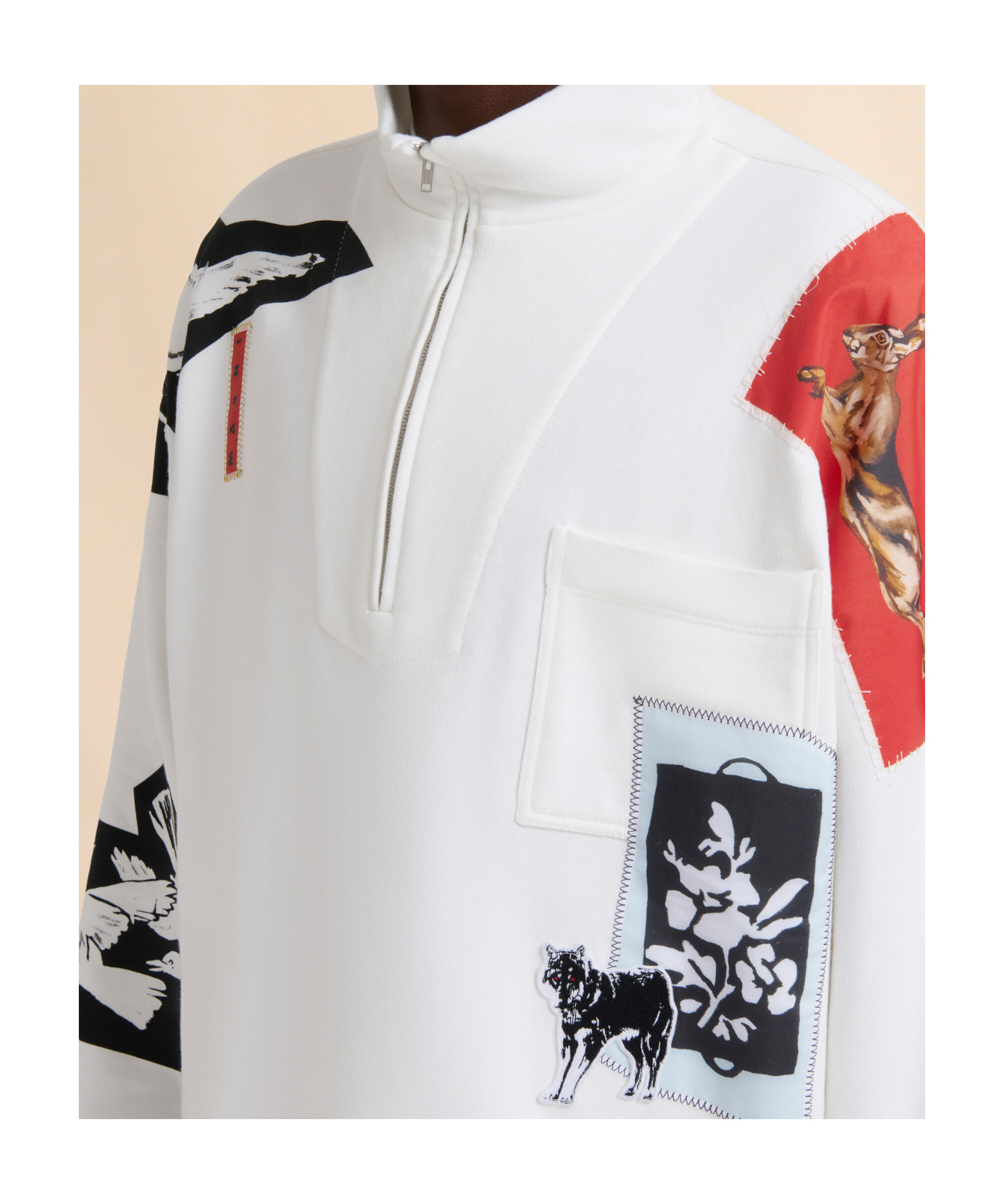 Marni Mixed Media Zipper Collar Sweatshirt In Neutral