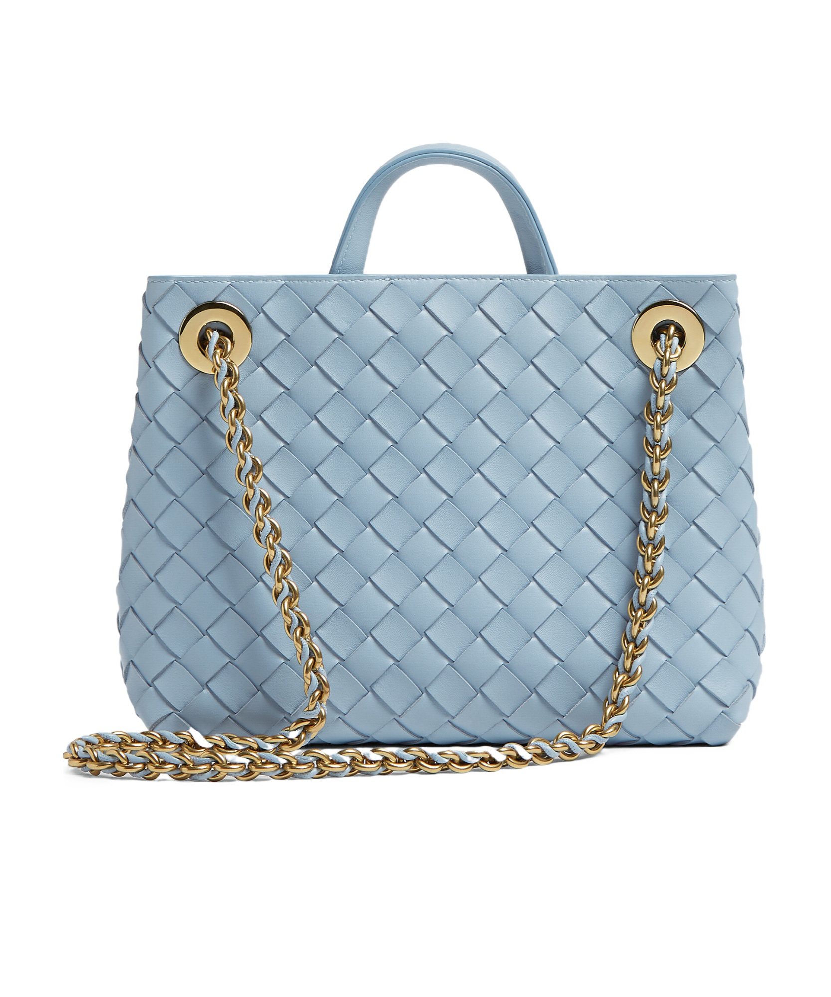 Bottega Veneta Andiamo With Chain Small Intrecciato Leather Shoulder Bag In Blue