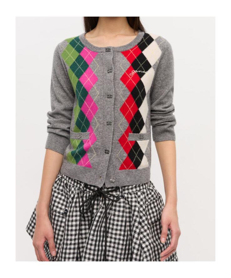 Ganni Argyle-pattern Logo-embroidered Cardigan In Multi