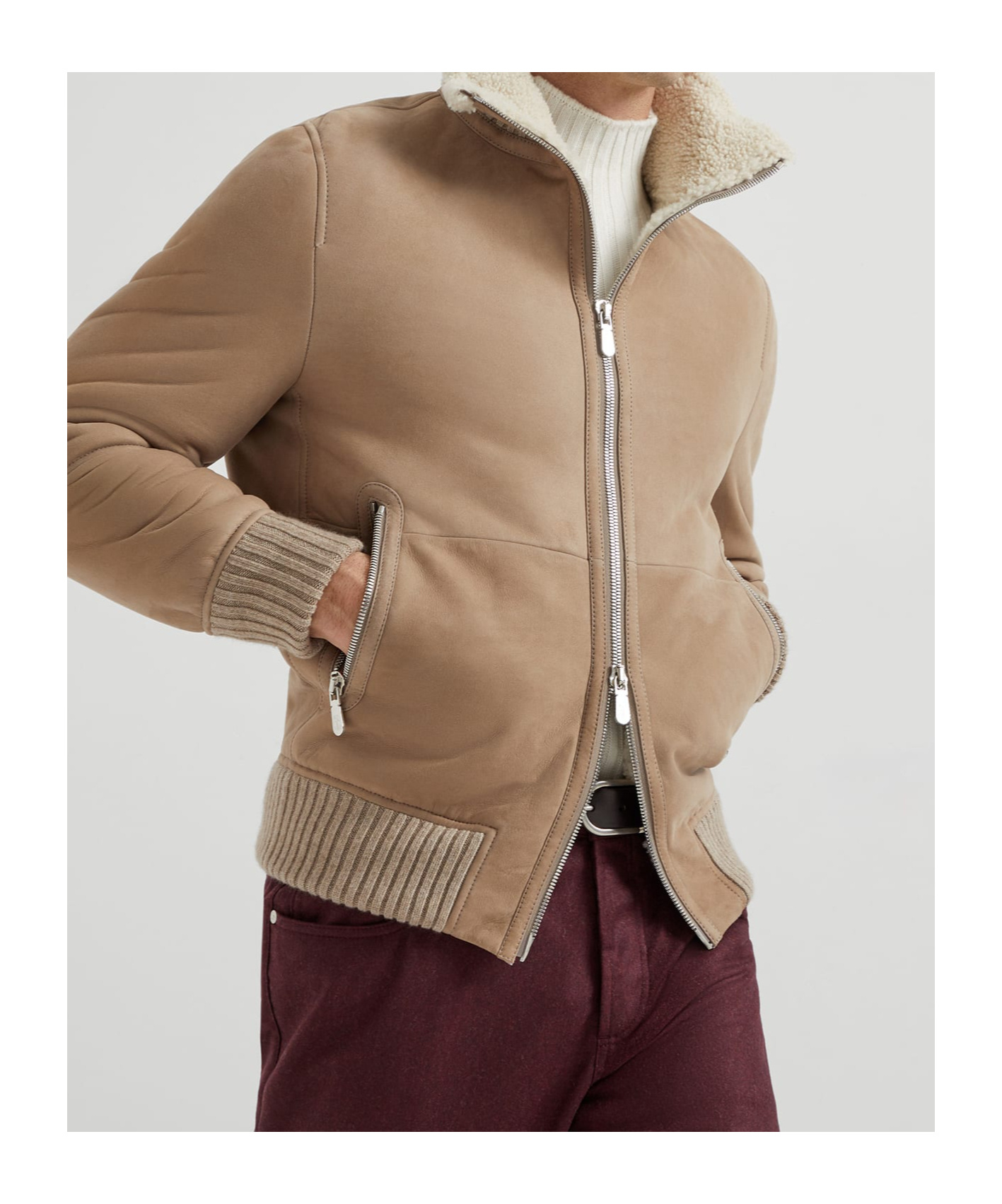 Brunello Cucinelli Bomber Jacket With Shearling Collar And Ribbed Finish In Brown