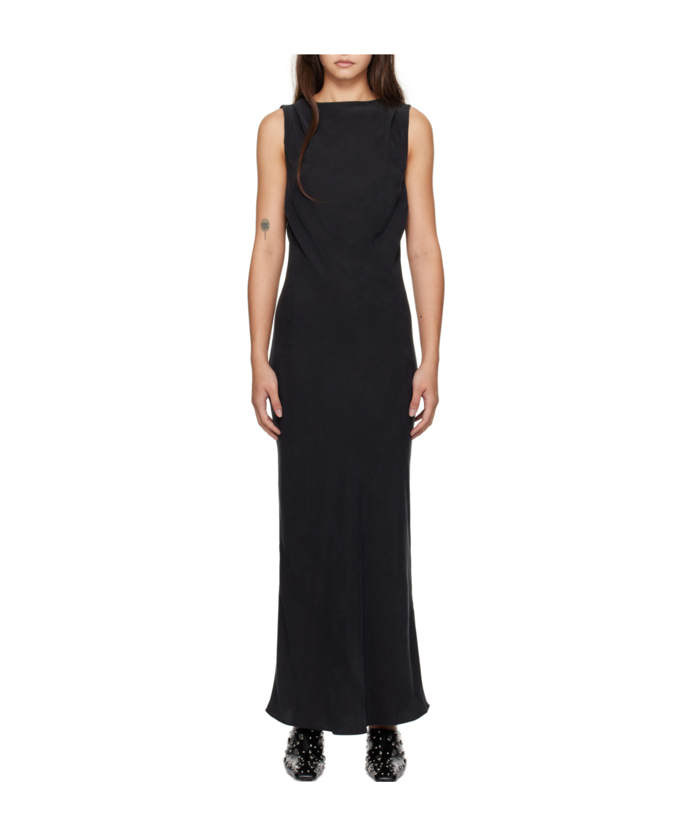 St Agni Black Draped Cowl Midi Dress