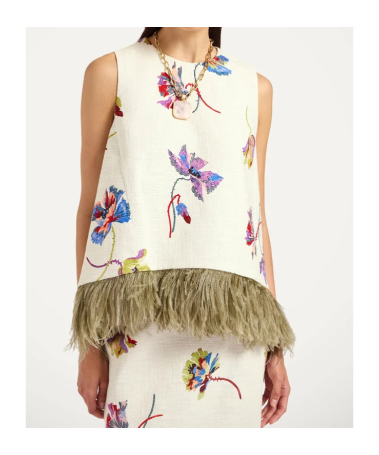 La Doublej Feather-trim Floral-print Top In White