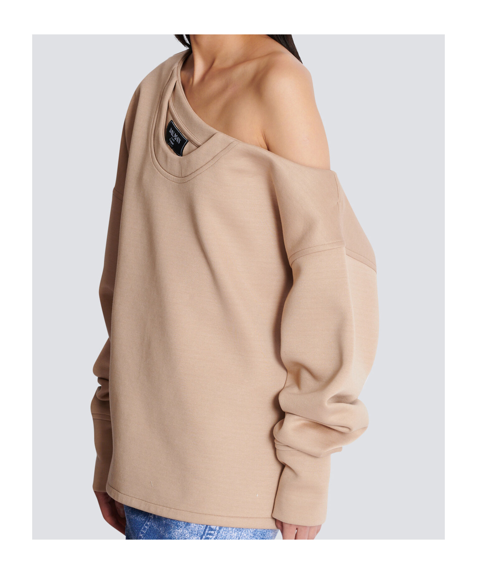 Balmain Beige Asymmetrical Jersey Off-the-shoulder Sweatshirt In Nude