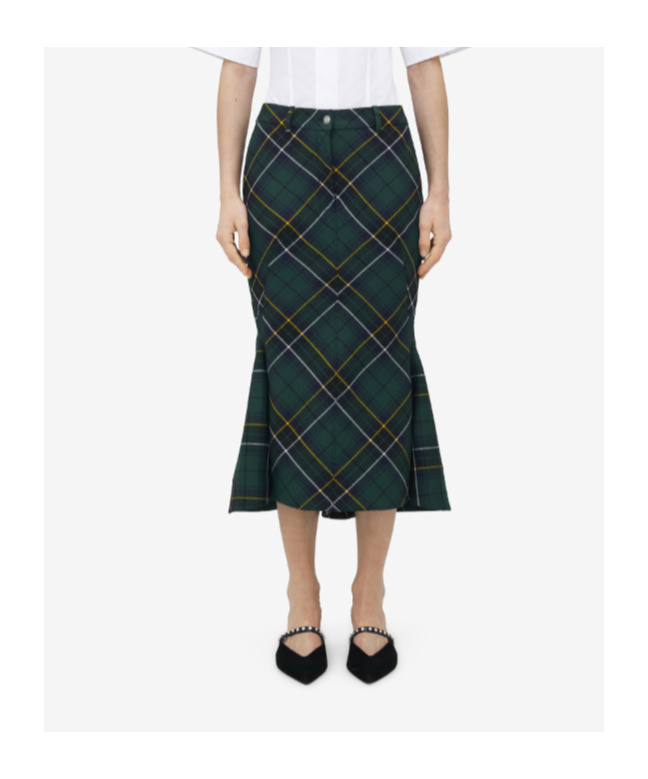 Alexander Mcqueen Wool Tartan Flared Skirt With Belt Loops In Green