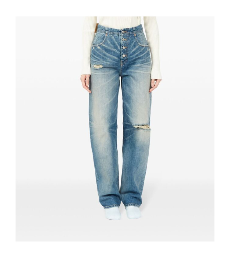 Shop Mm6 Maison Margiela Distressed Straight Jeans In Blue