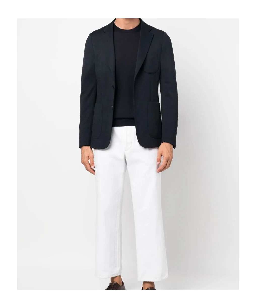 Giorgio Armani Refined Wool Knit Sweater With Round Neckline In Blue