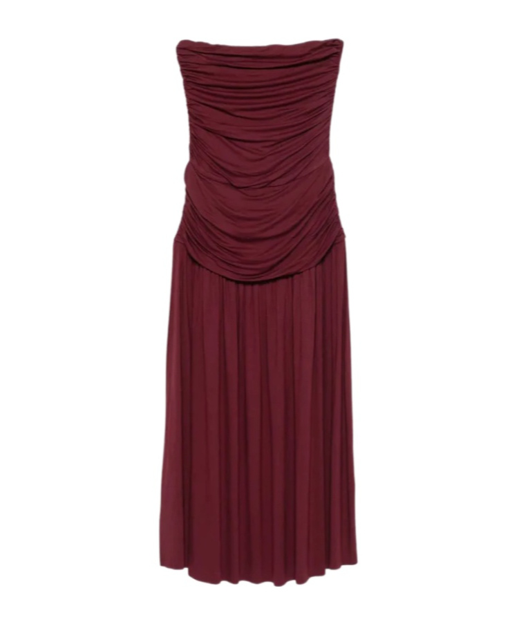 Gimaguas Fortuna Strapless Gathered Midi Dress In Brown