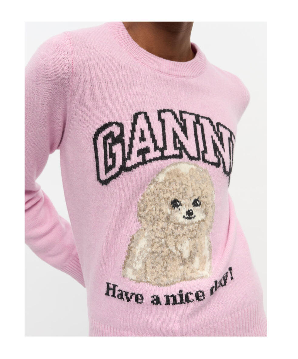 Ganni Womens Chalk Pink Poodle Logo-motif Wool-blend Knit Jumper Xs In Pink
