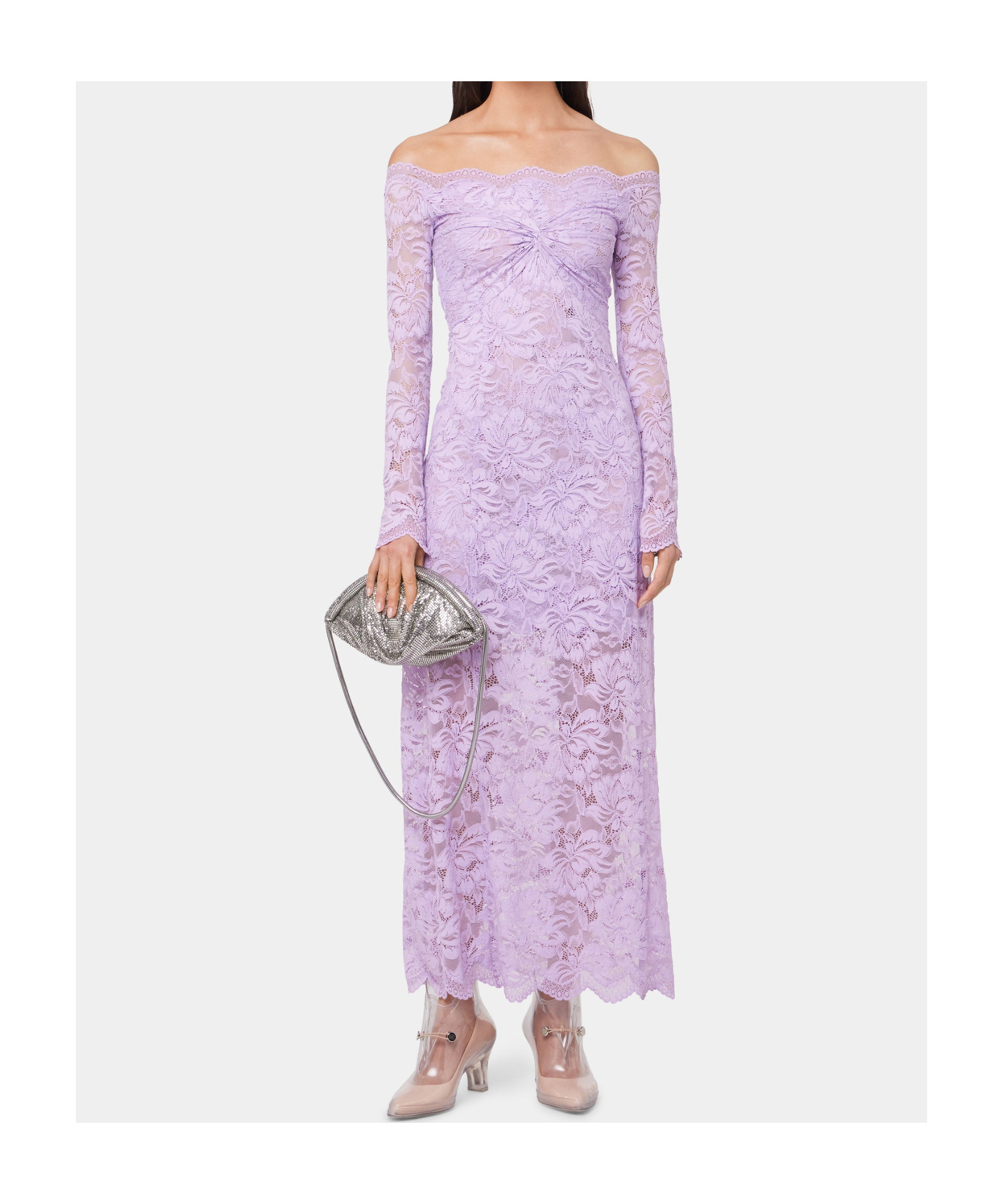 Rabanne Womens French Lavander Off-shoulder Long-sleeves Lace Midi Dress In Purple