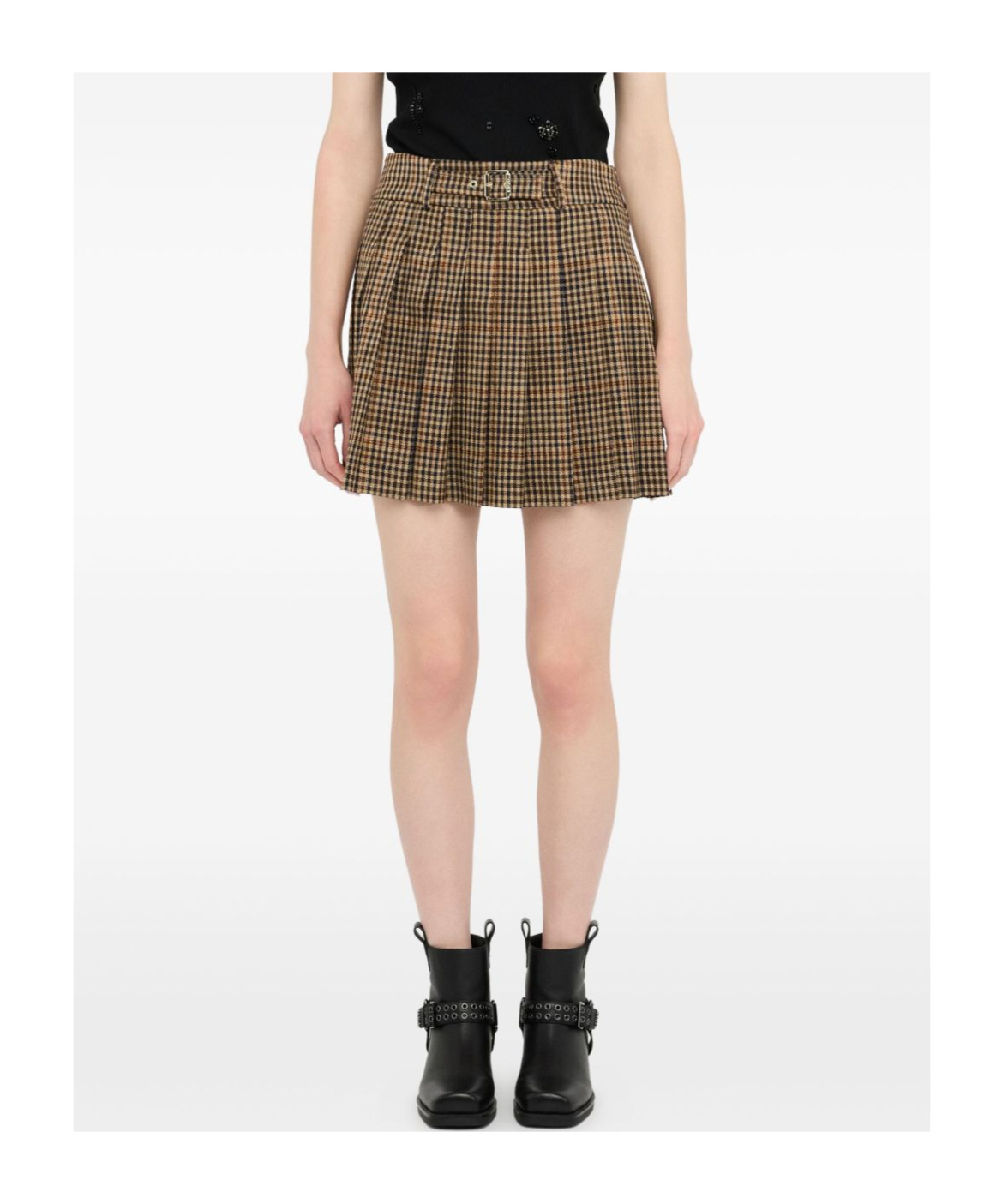 Liu •jo Pleated Checkered Mini Skirt With Decorative Belt In Brown