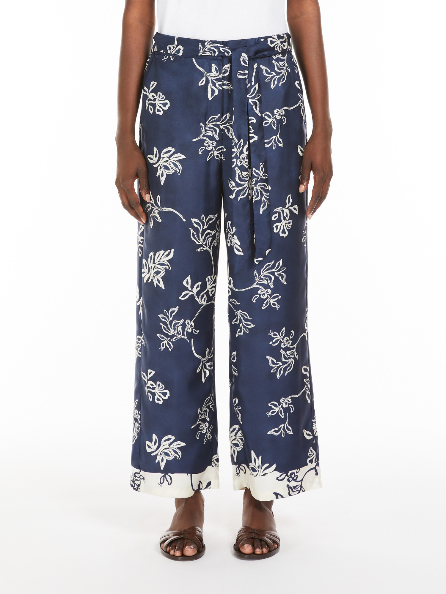 Max Mara Printed Silk Belted Trousers In Blue