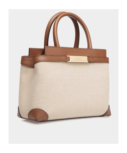 Bally Deco Small Tote Bag In Beige Canvas And Brown Leather