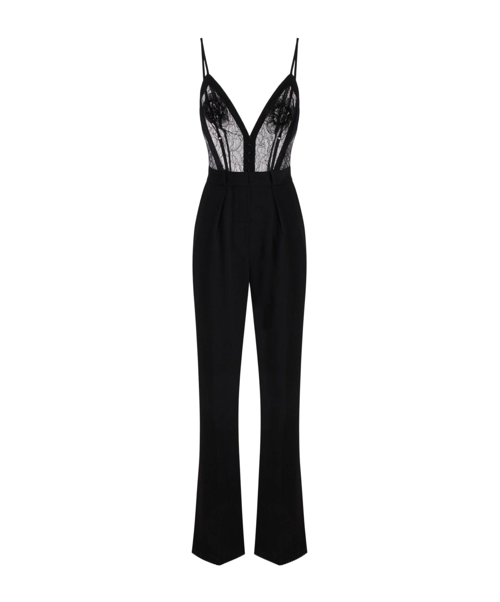 Elisabetta Franchi Black Jumpsuit With Deep Neckline And Lace Detail On The Front In Black