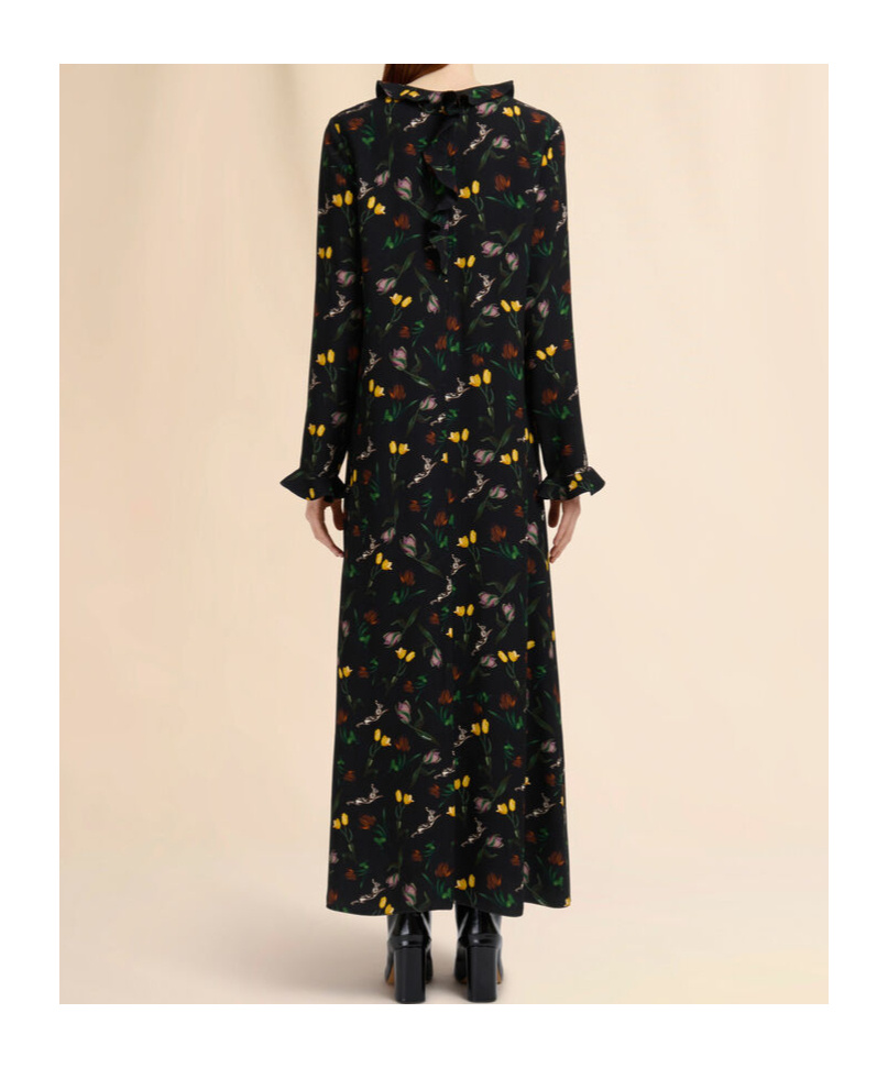 Marni Black Envers Satin Maxi Dress With Tulips And Hares Print In Black