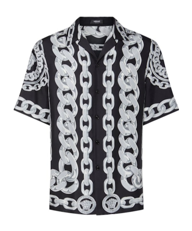 Versace Black And White Bowling Shirt With Cuban Collar And All-over Chain-link Print In Silk Man