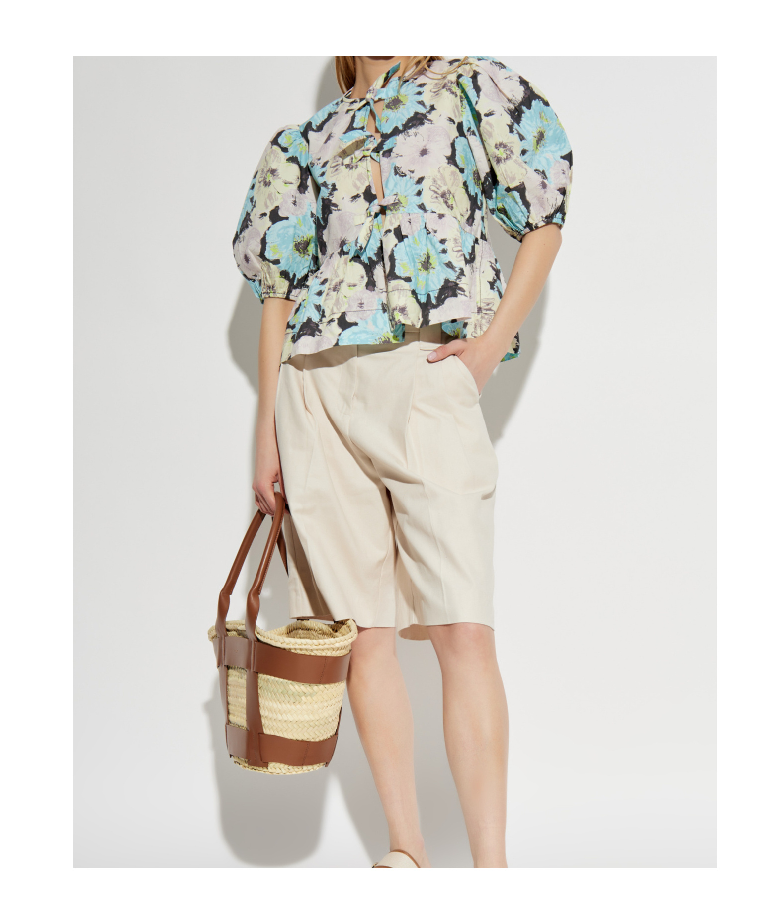 Ganni Floral Printed Cotton Peplum Blouse In White