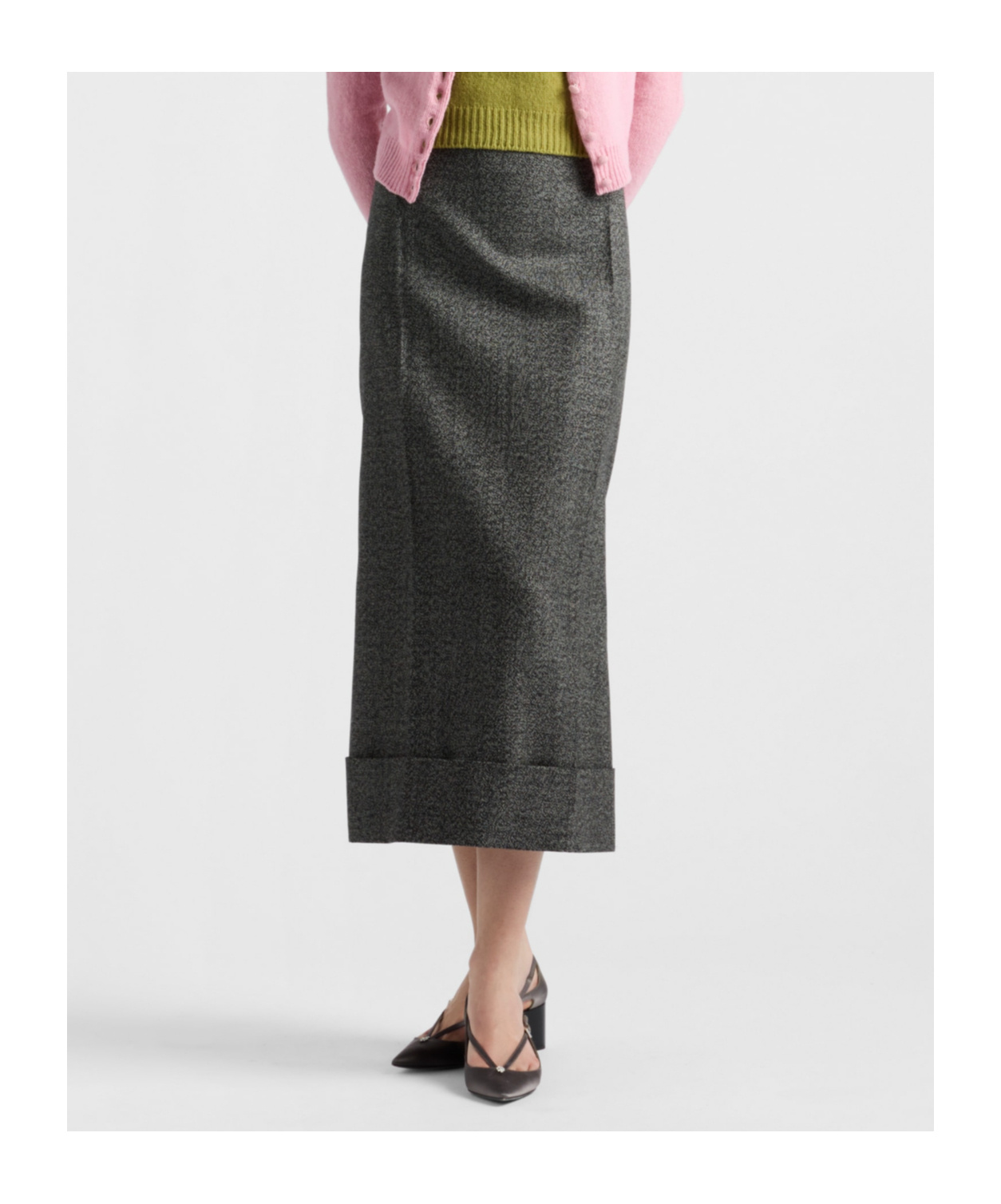 Prada Black/white Wool Weave Midi Skirt In Black