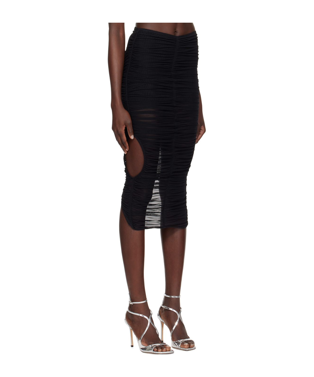 Mugler Draped Mesh Midi Skirt In Black