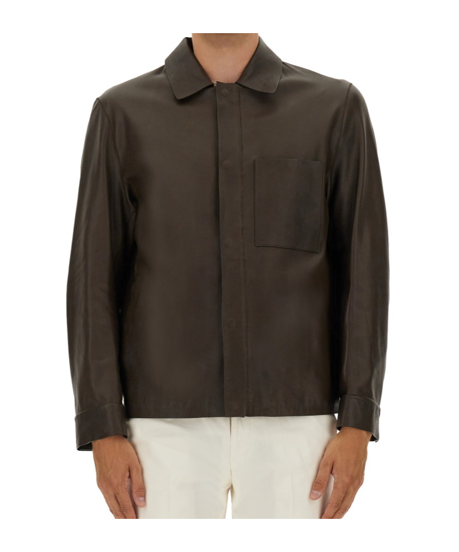 Hugo Boss Boss Camel Brown Leather Jacket With Classic Collar In Black