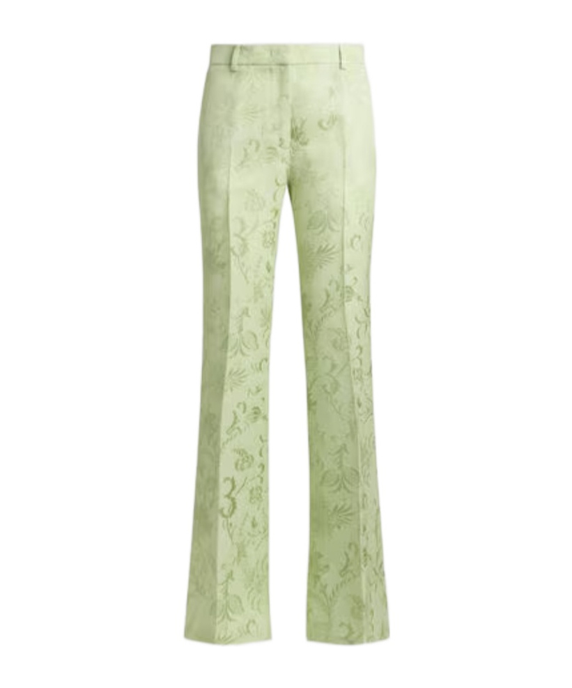 Etro Jacquard Bootcut Trousers With Floral Motif In Green