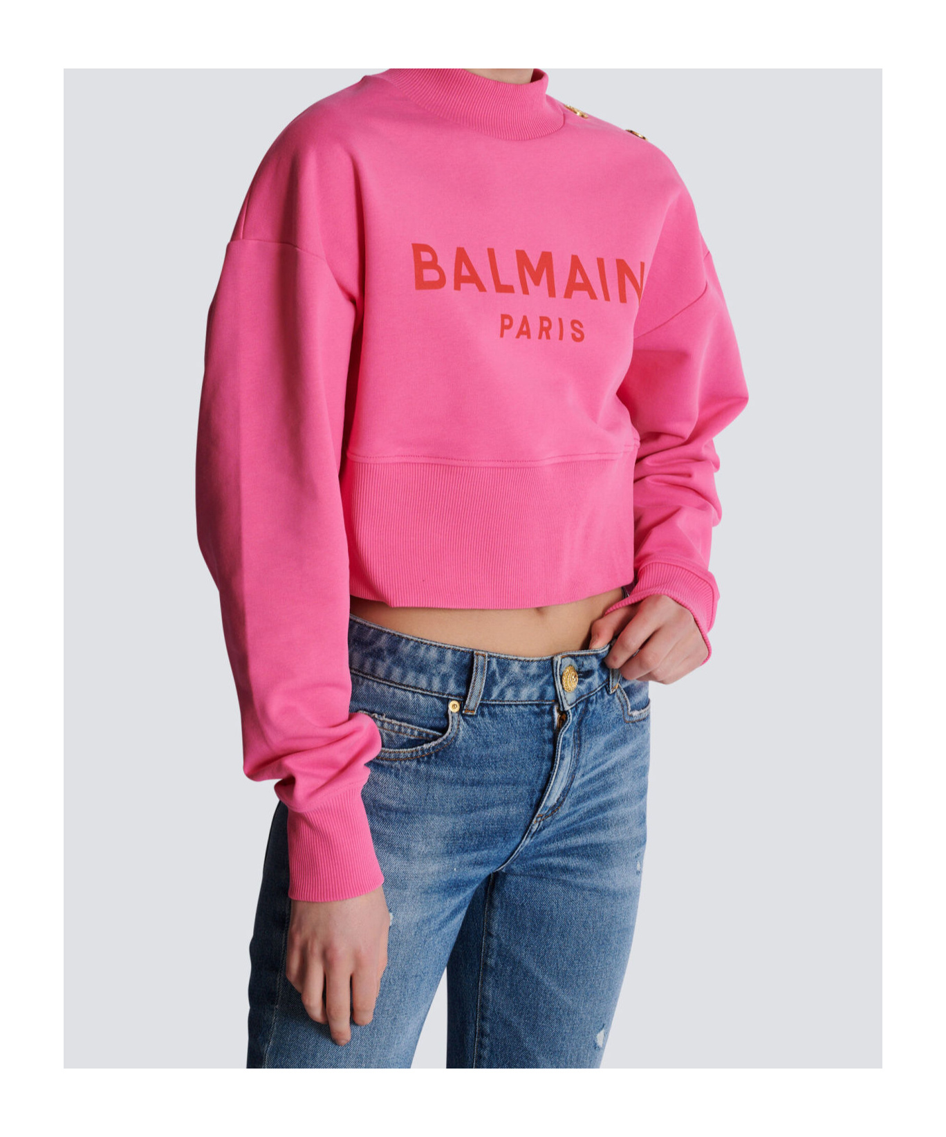 Shop Balmain Cropped Sweatshirt With Paris Print In Pink
