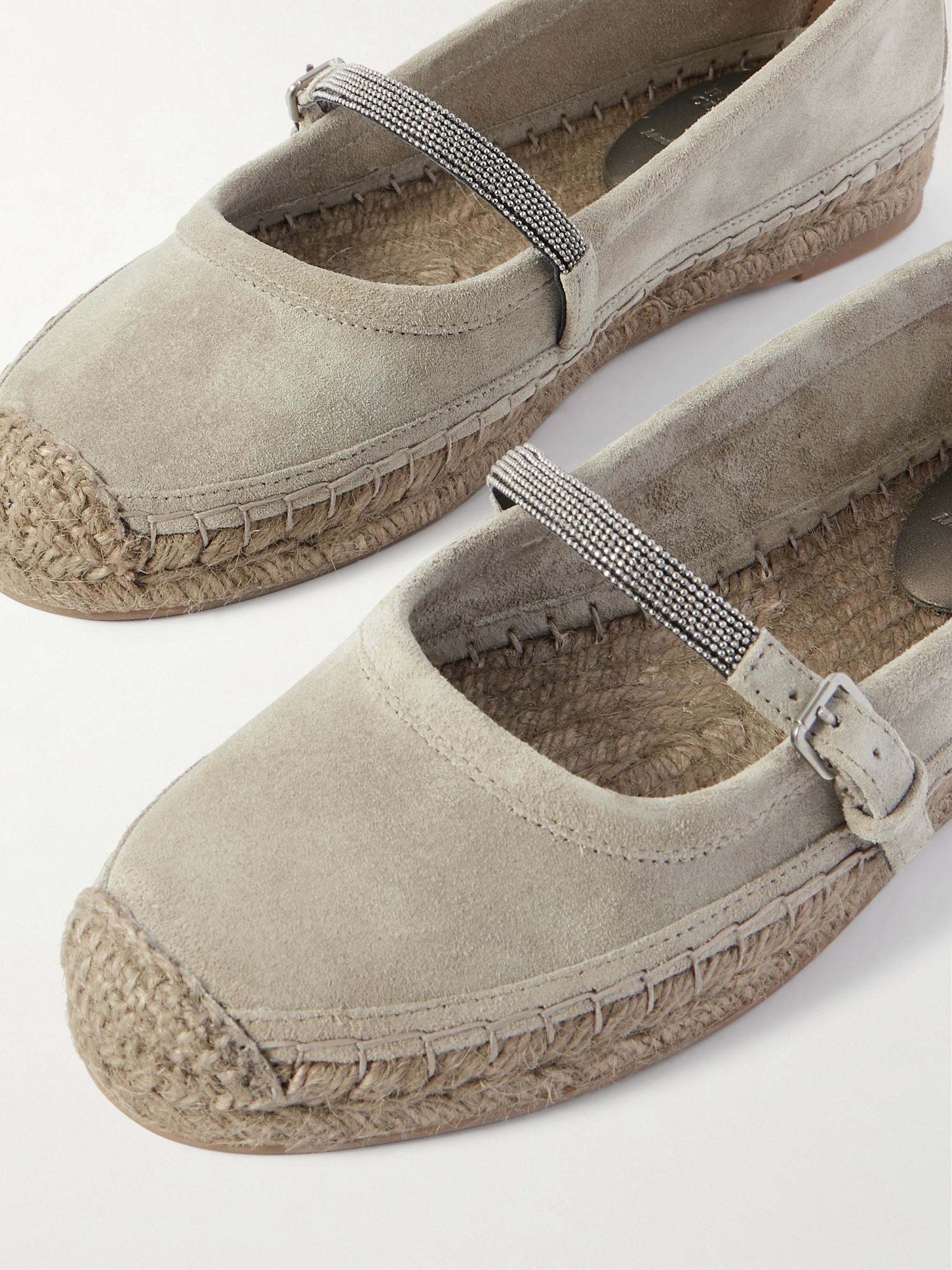 Brunello Cucinelli Bead-embellished Suede Mary Jane Espadrille Flats In Nude