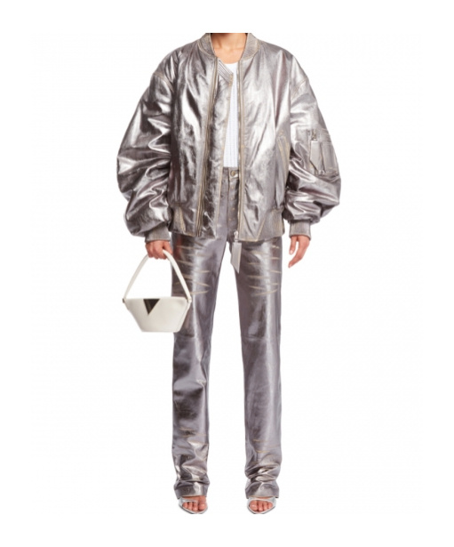 Attico Mirror-like Leather Anja Bomber With Vintage Effect In Gray
