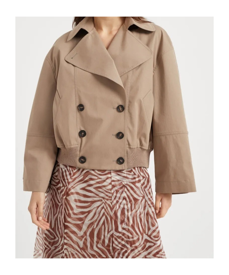 Brunello Cucinelli Brown Double-breasted Crop Jacket With Windbreak Flap And Classic Wide Lapels In Brown