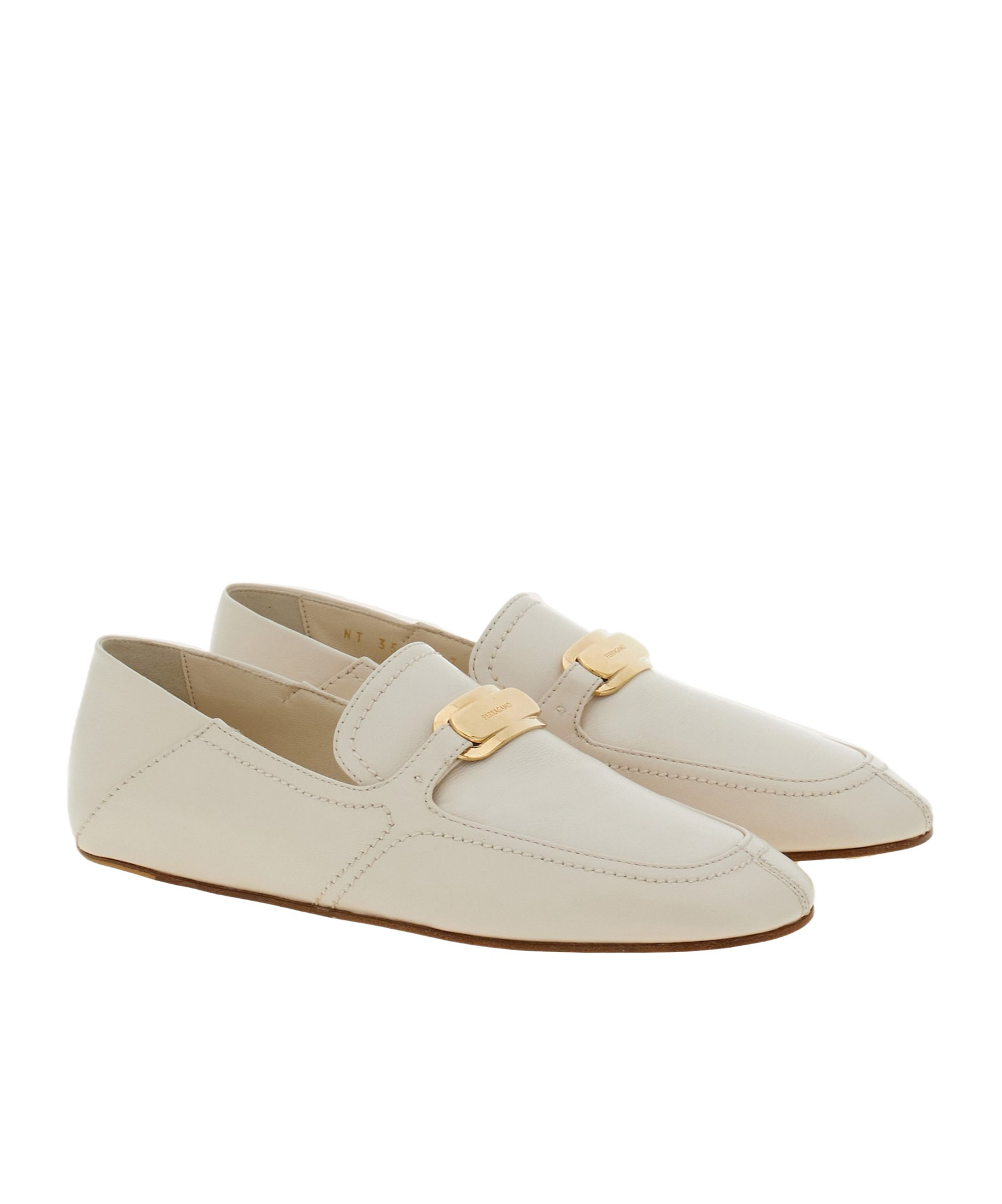Ferragamo Ivory Leather Loafers With Gold-tone Hardware In White