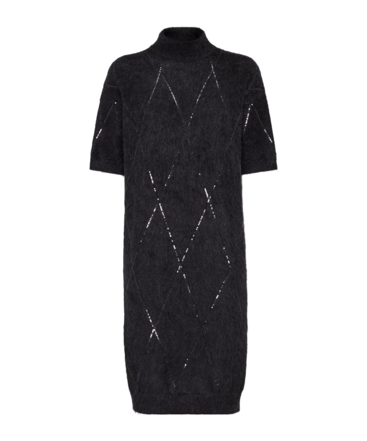 Brunello Cucinelli Black Sequin Mock Neck Dress In Black