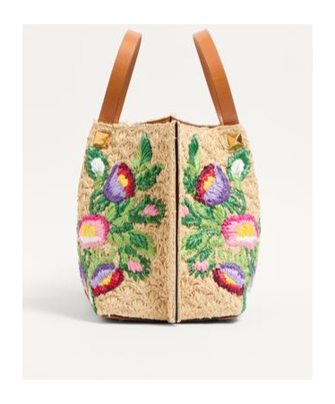 Valentino Garavani Beige Handbag With Metallic Vlogo On The Front And Floral Embroidery In Raffia Wo In Nude