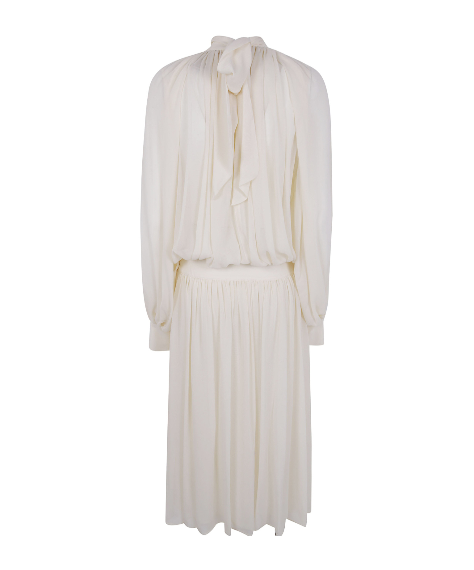 Semicouture Pleated Long Sleeve Dress With Bow Detail In White