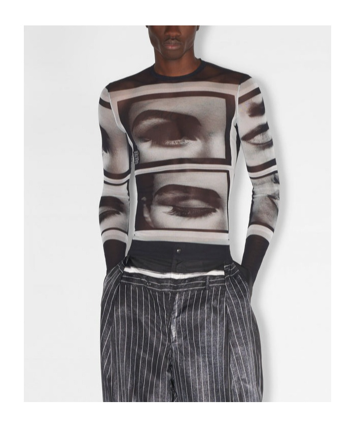 Jean Paul Gaultier Face-print Mesh T-shirt In Gray