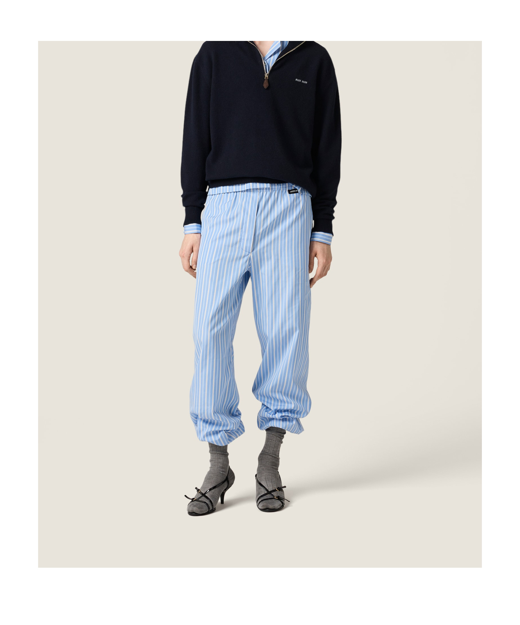 Miu Miu Striped Embroidered Pyjamas Pant In Blue