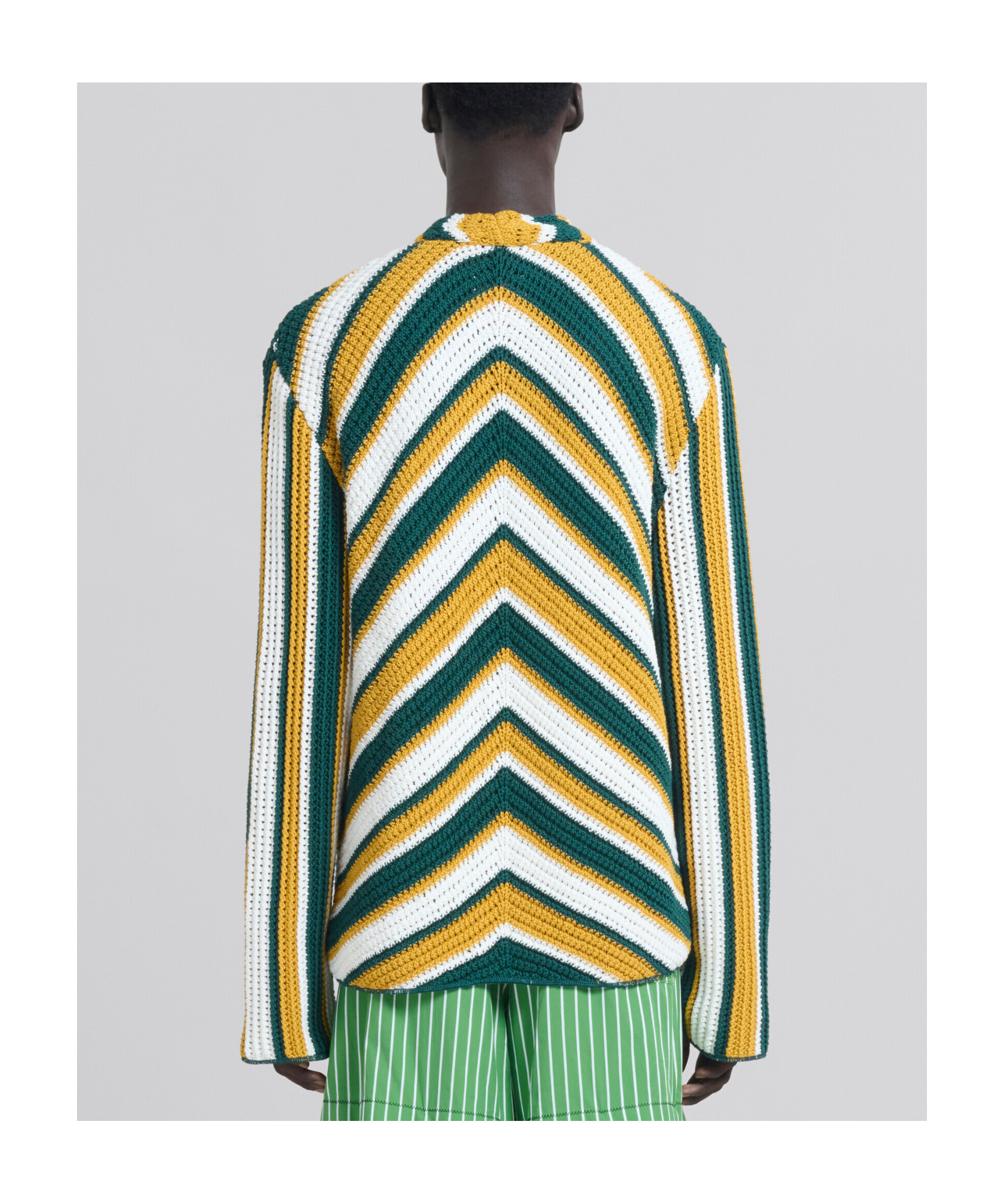 Shop Marni Teal And Yellow Crochet Cardigan With Chevron Pattern In Green