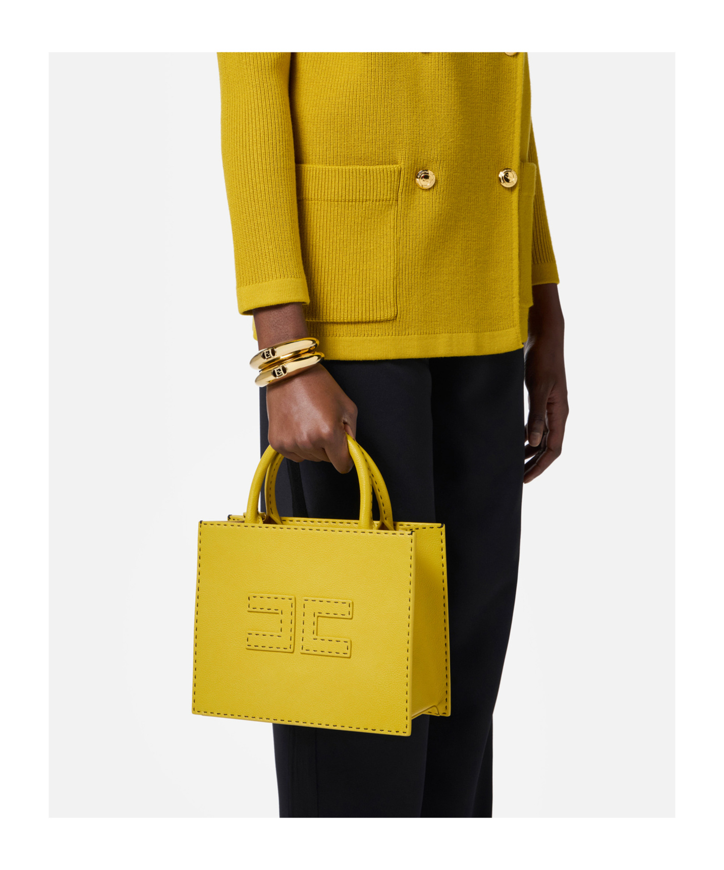 Shop Elisabetta Franchi Small Contrasting Topstitching Tote Bag In Yellow