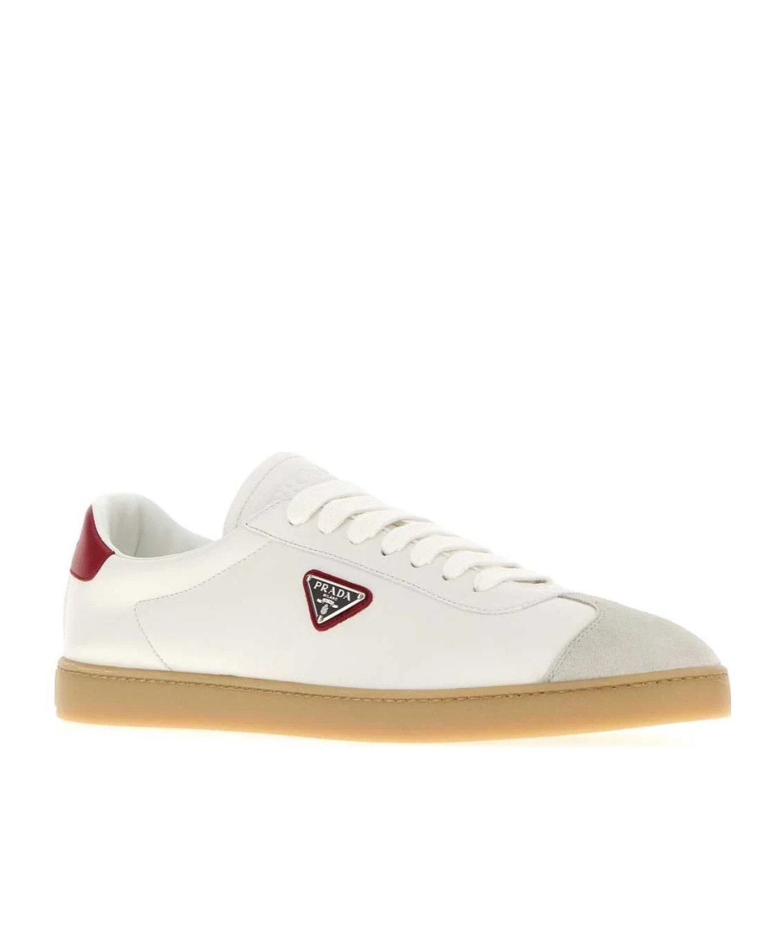 Prada Leather Sneakers With Contrast Heel Tab In Neutral
