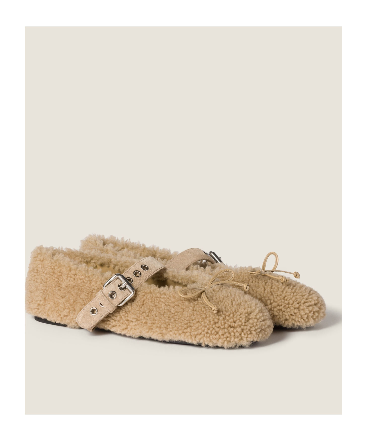 Miu Miu Shearling Mary Jane Ballerina Flats In Nude