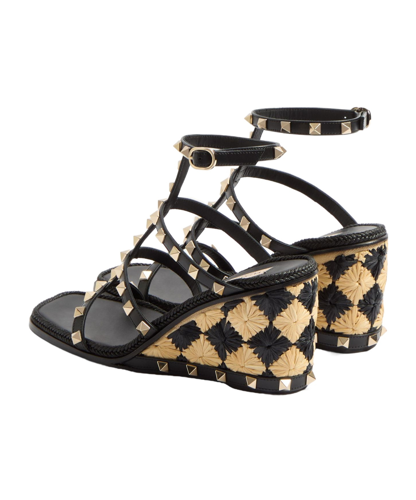Valentino Rockstud Caged 90 Leather Ankle Strap Wedge Sandal In Black