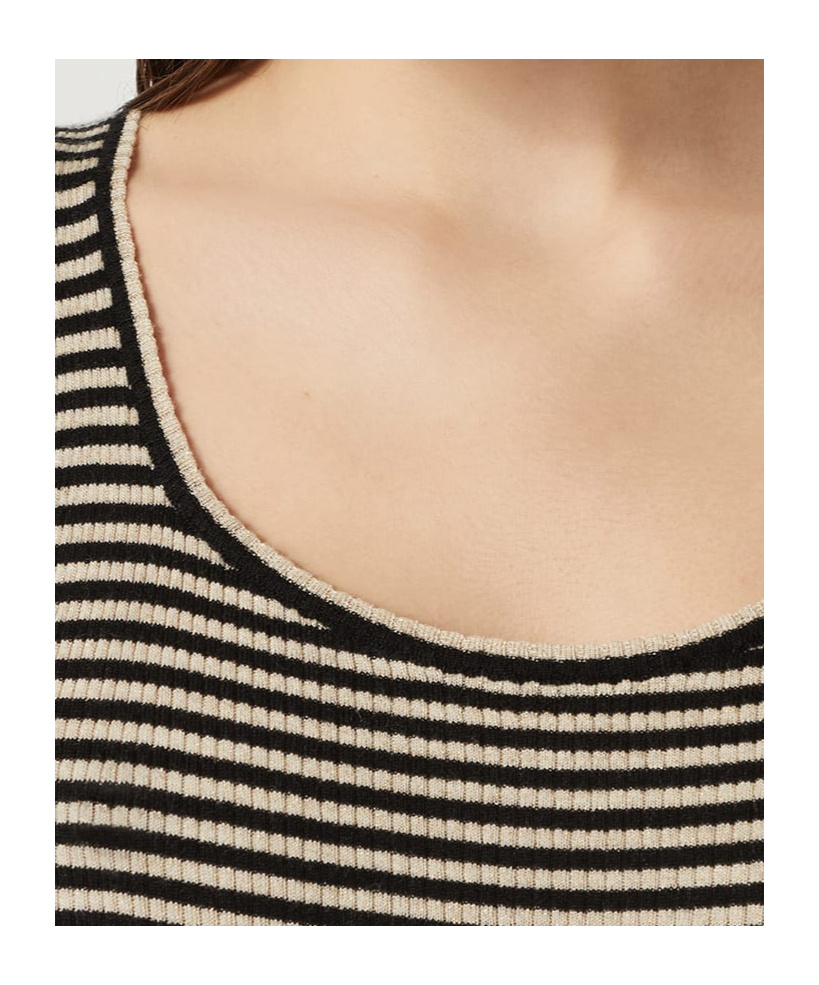 Brunello Cucinelli Ribbed Texture Crewneck Scoop Neck Striped Top In Black