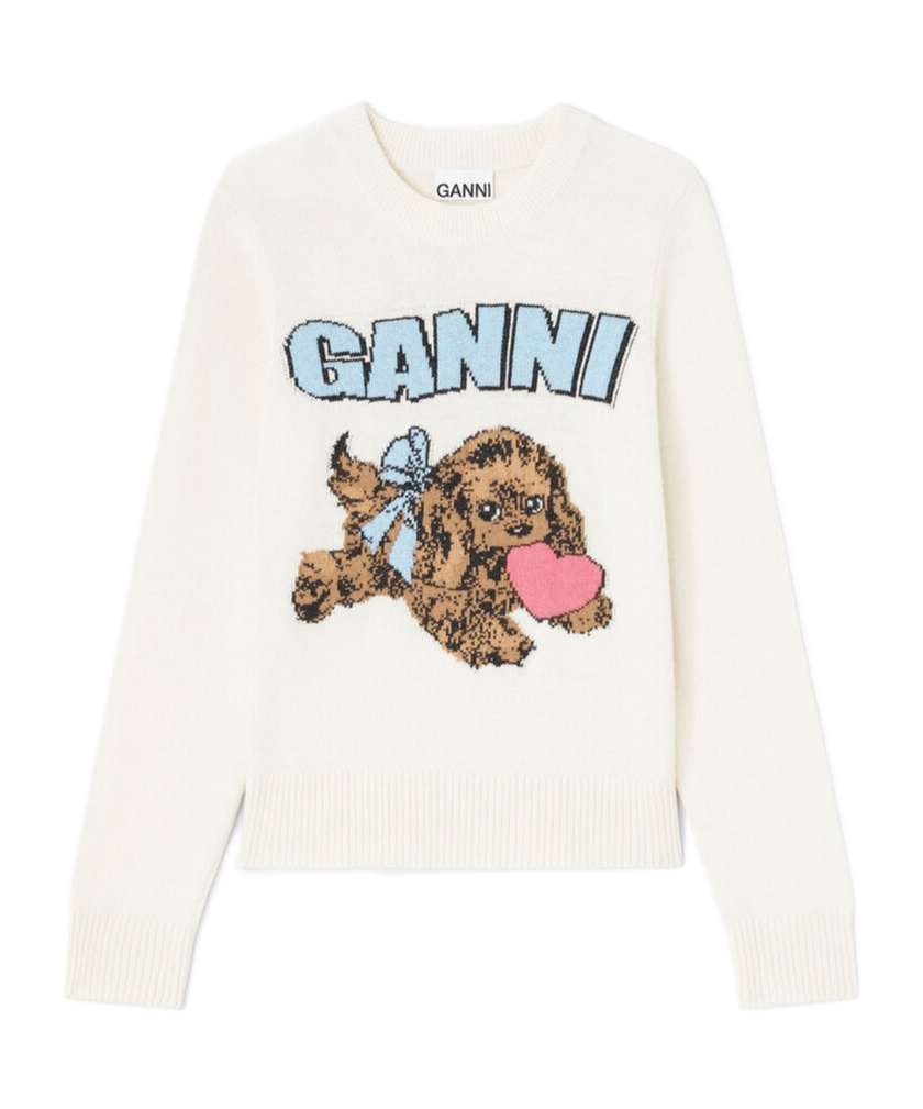 Ganni Crafted Wool Blend Puppy Love Crewneck Sweater In Neutral